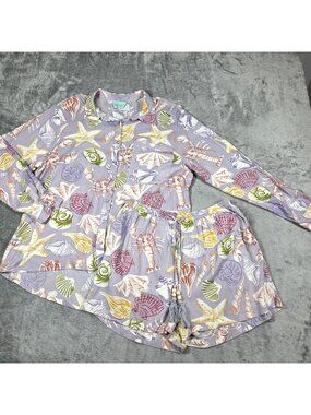 True Destinations Pajamas Medium Purple Seashell Long Sleeve Top Shorts 2pc Set